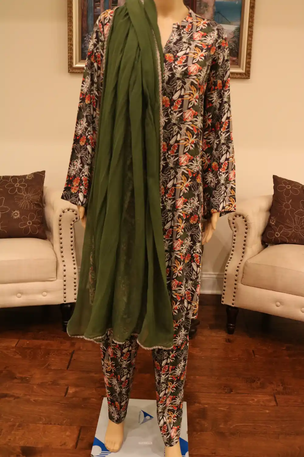 Linen Printed Style Shirt with Trouser and Chiffon Dupatta