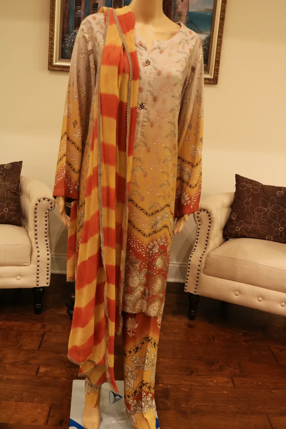 Linen Printed Style Shirt with Trouser and Chiffon Dupatta - Mustard