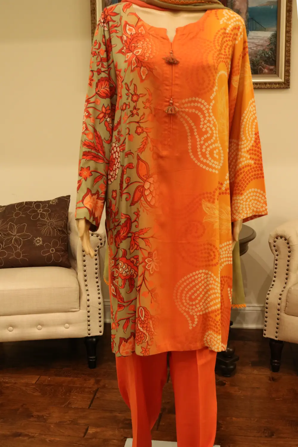 Linen Printed Style Shirt with Trouser and Chiffon Dupatta - Orange