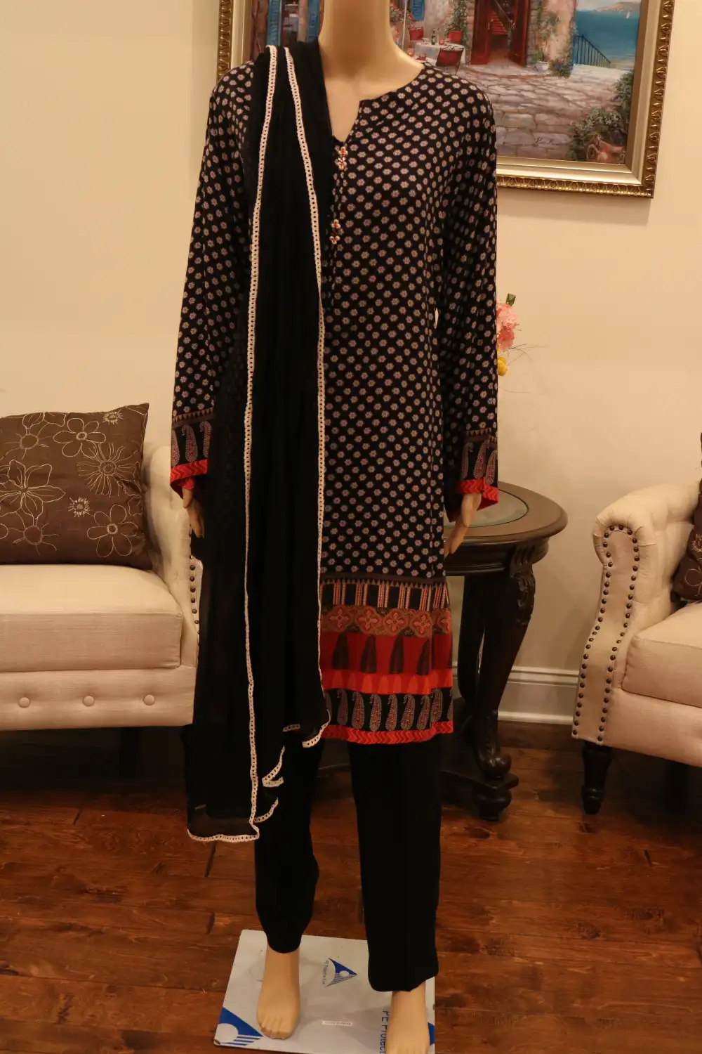 Linen Printed Style Shirt with Trouser and Chiffon Dupatta - Black