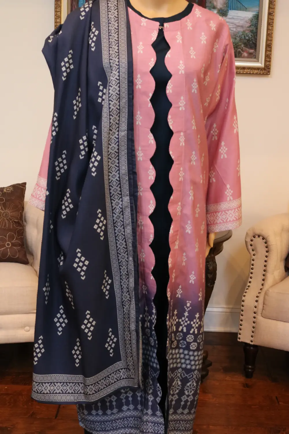 Linen 3Pcs (Shirt+Trouser+Dupatta) Plain Linen With Fascinating Embroidered and Cutwork