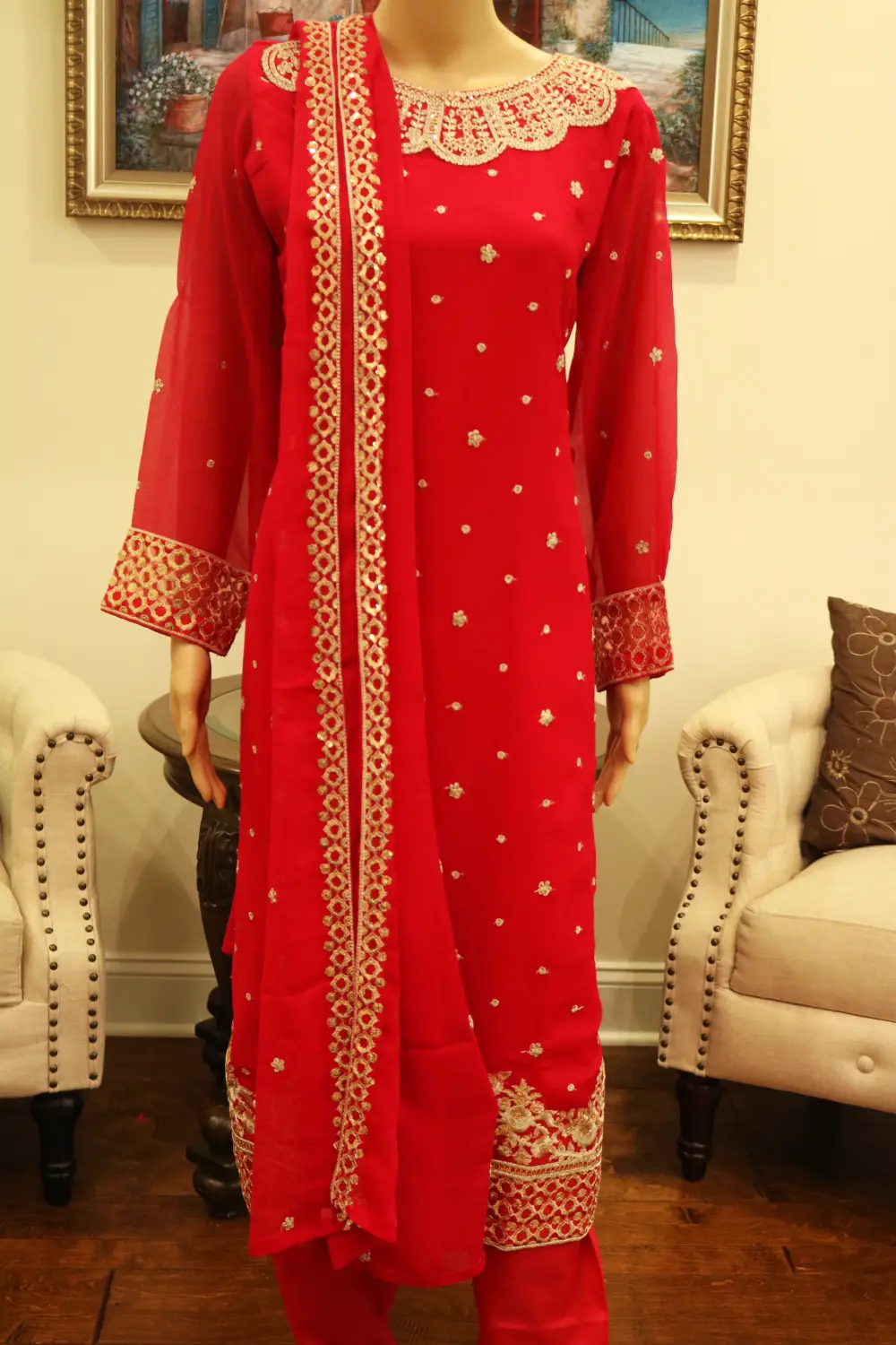 Luxury pinkish red 3pc suit chiffon sequence embroidered