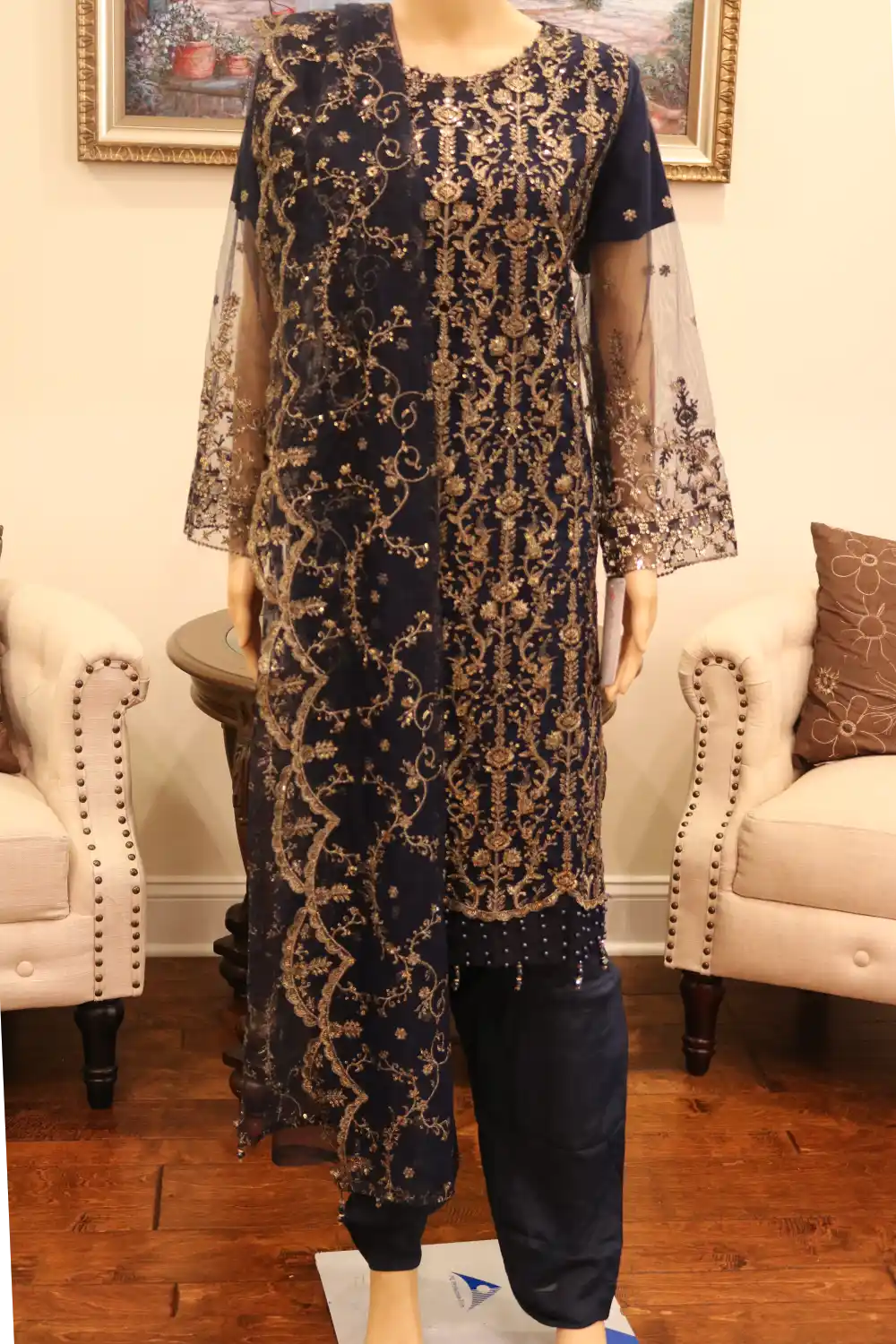 3 pc dress Embroidered Chiffon shirt and Embroidered Net Dupatta with Viscose Trouser