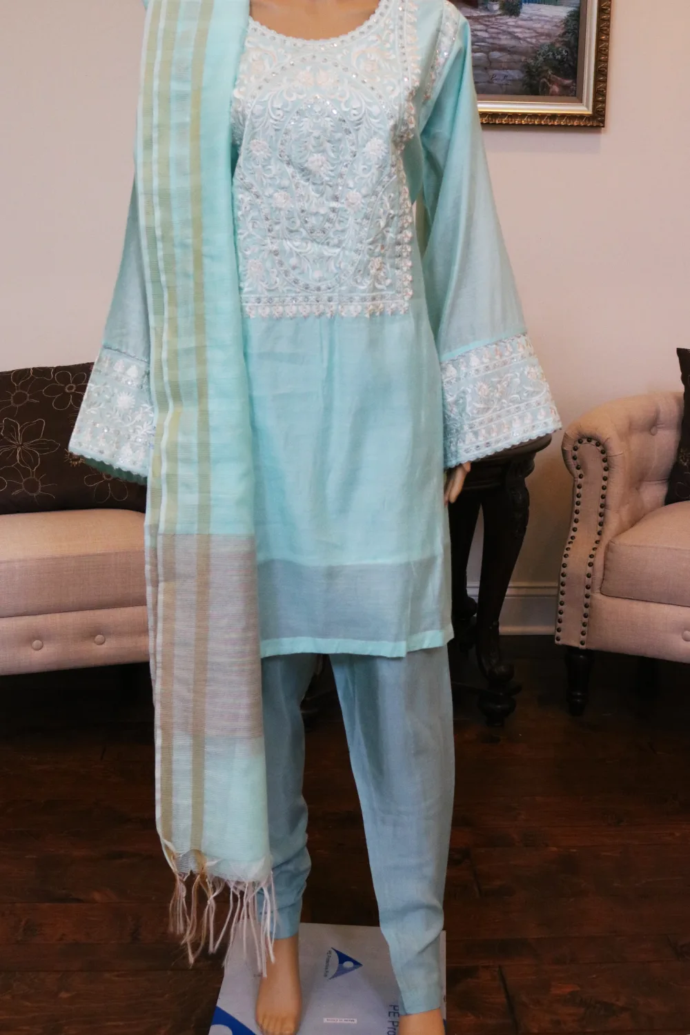 3 pc Embroidery Dress Shirt, Dupatta and Trouser in Chifon