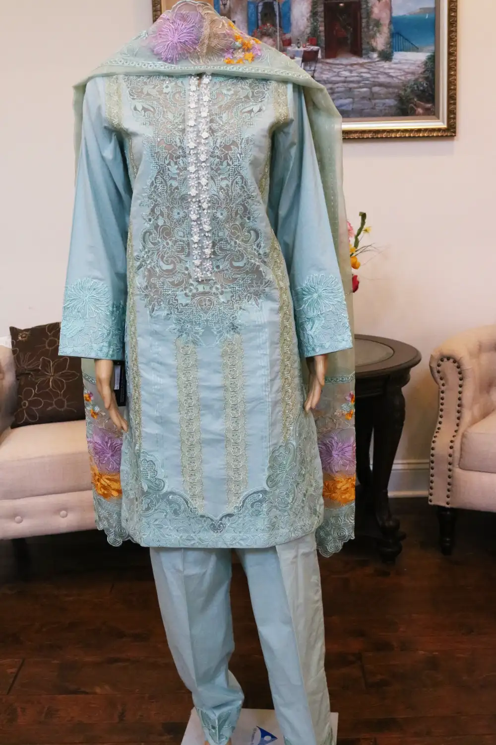 3 pc Embroidery Dress Shirt and Trouser with Chiffon Dupatta
