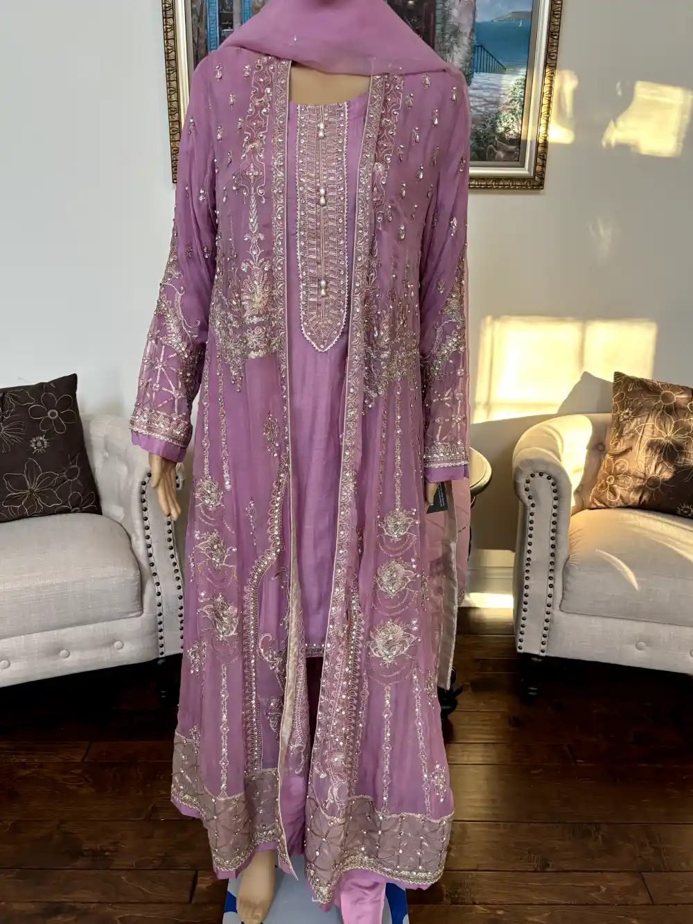 3pc Gown Style shirt with Elegant Stone and sequence work