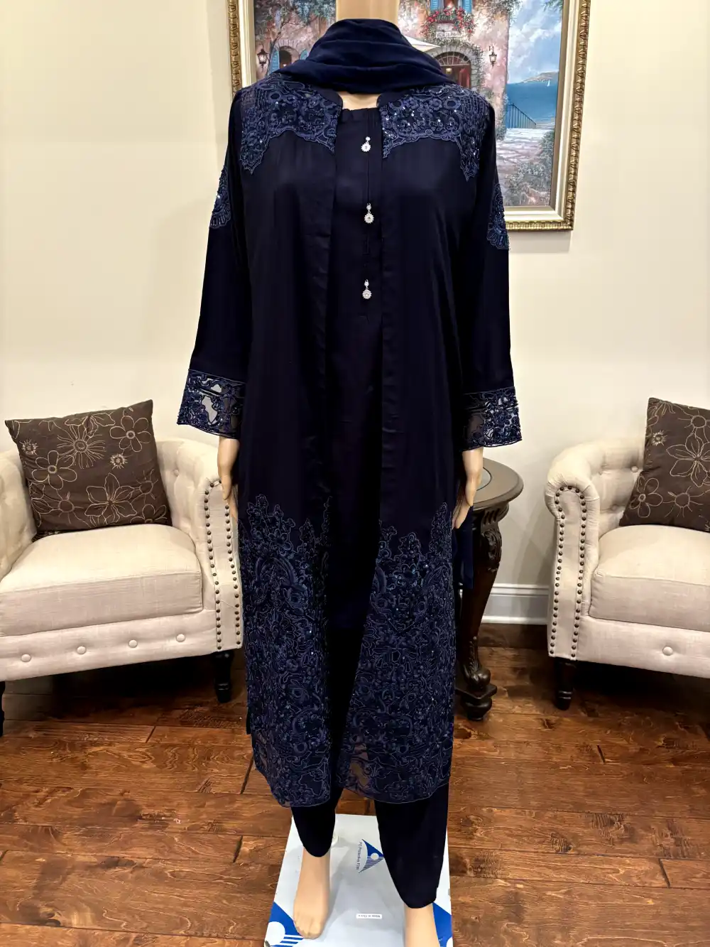 3pc Captivating Linen Gown With Stunning Sequin Work