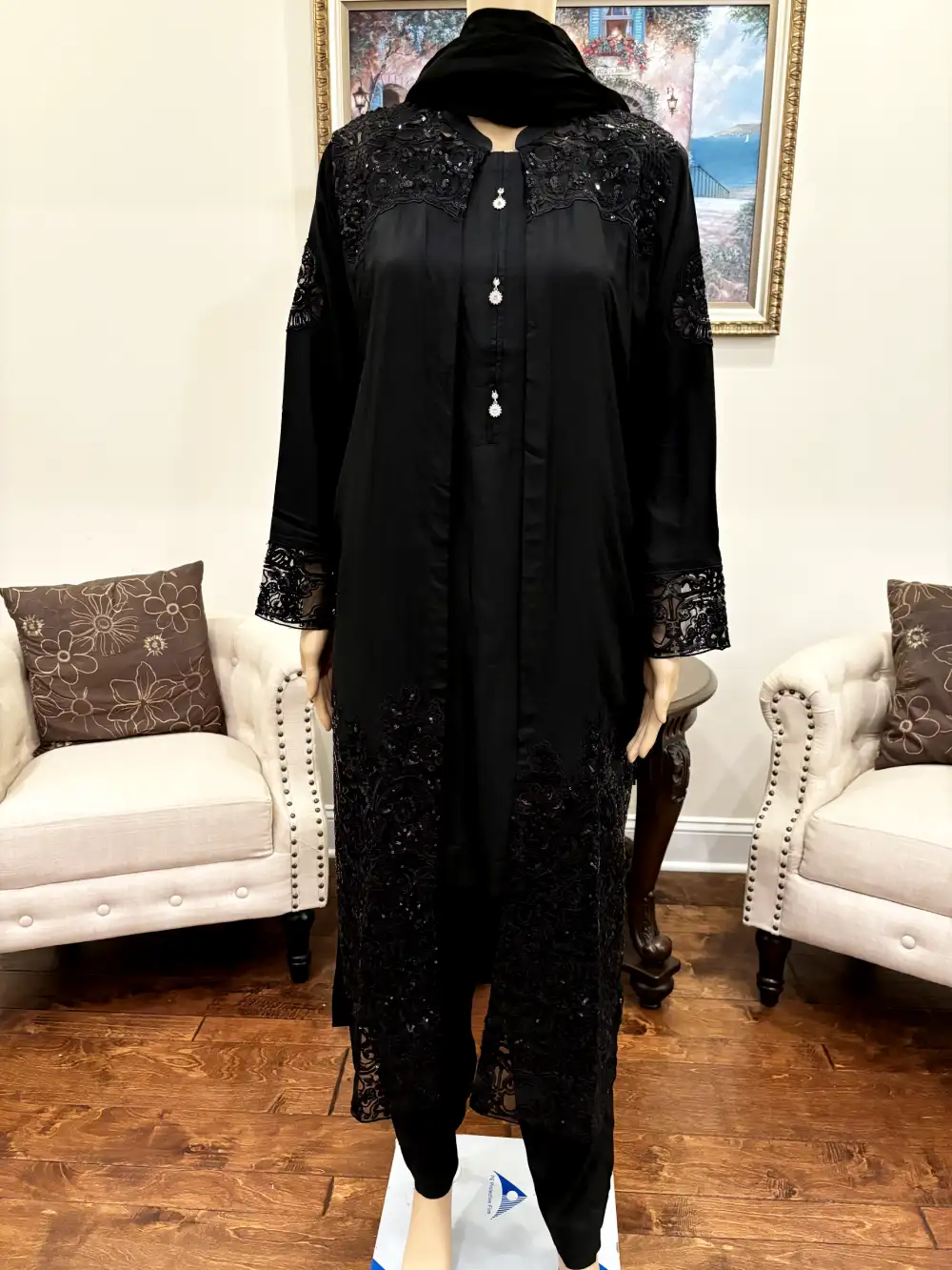 3pc Captivating Linen Gown With Stunning Sequin Work