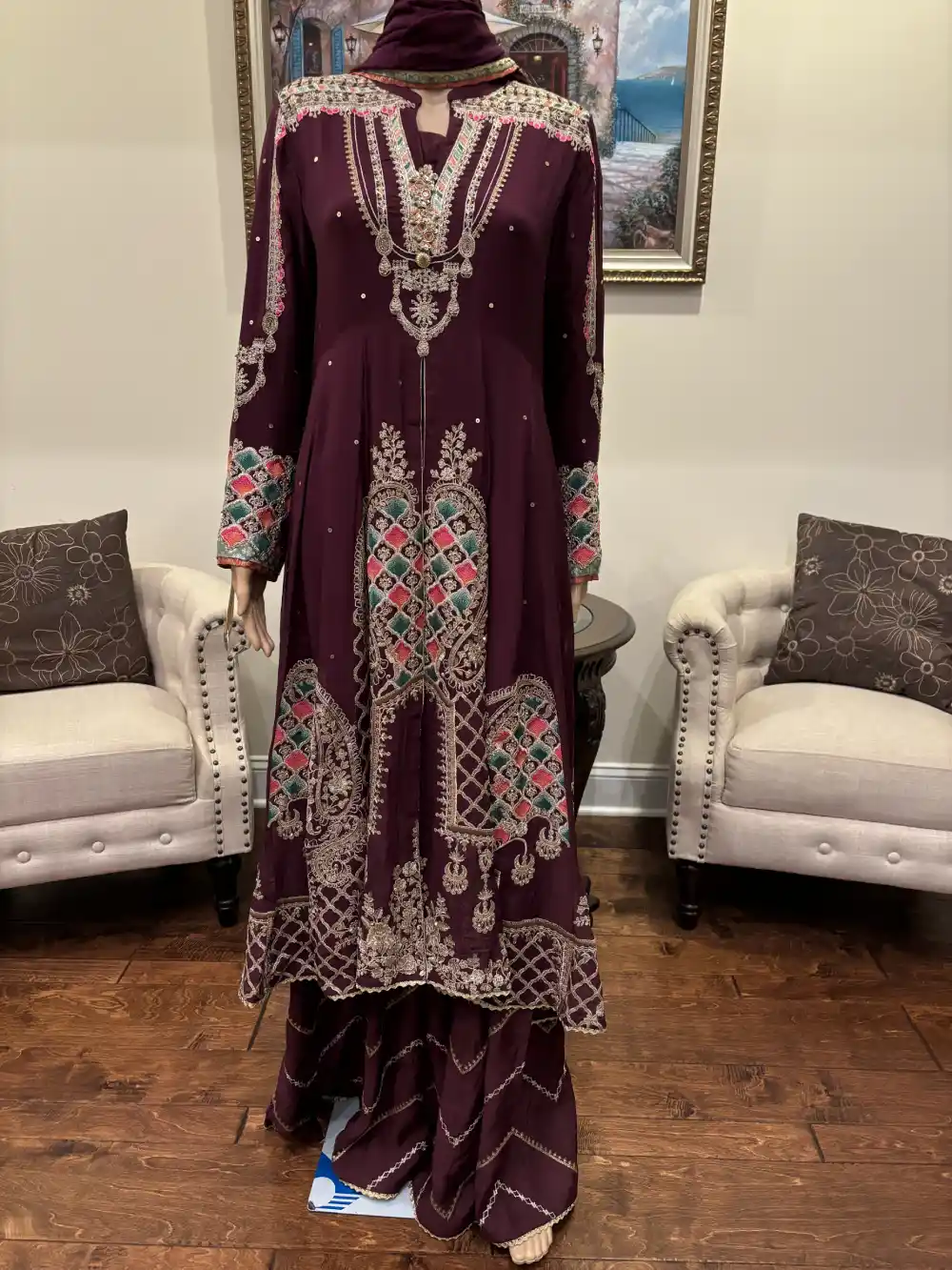 3 Piece Chiffon and Viscose Embroidered Suit